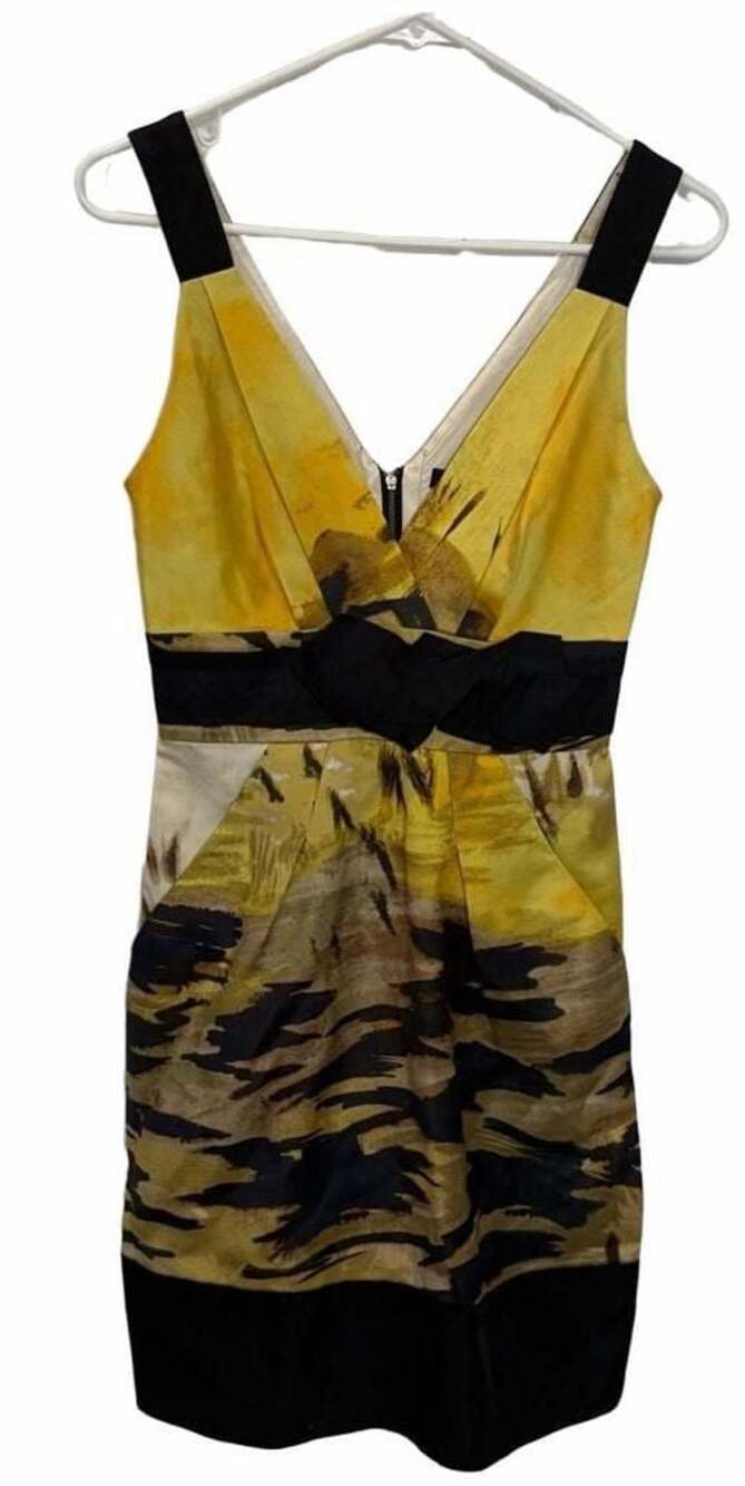 BCBGMAXAZRIA Size 0 Wool Silk Abstract Print Cocktail Dress Yellow Black